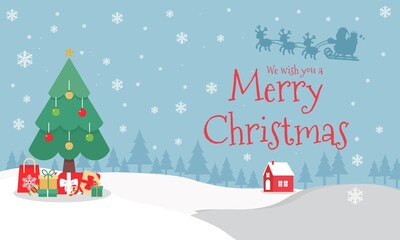 Merry Christmas vector Illustration background.  include santa, deer, tree, snow, etc. good for banner, card, book, gift, and happiness.