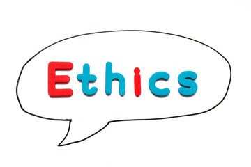 Alphabet letter with word ethics in black line hand drawing as bubble speech on white board background