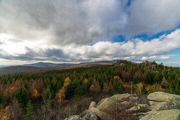 View from the Leistenklippe viewpoint at the Harz mountain national park in autumn