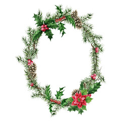 Christmas Spruce branches wreath. Holly branches, berries, cone. Watercolor hand drawn isolated Holly branches and Fir wreath. Winter holiday. White background