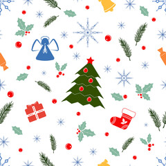 Seamless pattern with winter symbols. New Year and Christmas ornament with Christmas trees, angels, bells, snowflakes, pine branches, socks, gift boxes. Templates on white and transparent background.