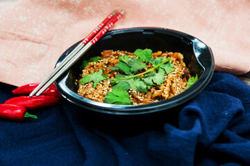 Korean Japchae recipe with chicken, Sweet potato vermicelli, vegetables