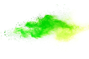 Freeze motion of green color powder exploding on white background.
