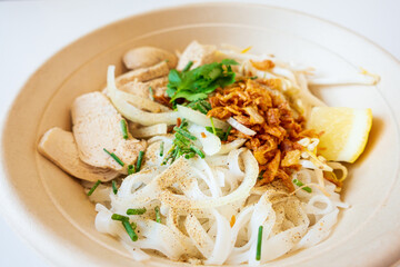 Delicious homemade Vietnamese soup Pho cooked with rice noodles, coriander leaves, soy sprouts, onions and chicken pieces for a complete and healthy meal