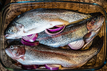 rainbow trout recipe prepared for cooking with red onion
