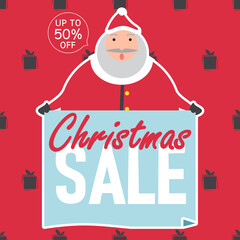 Christmas sale abstract background with Santa Claus and text "up to 50% off", Vector Banner for shop.	