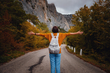 Outdoor fashion photo of young beautiful lady surrounded autumn forest in mountains