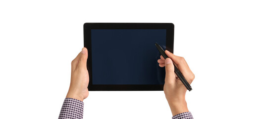 Hands holding tablet touch computer gadget