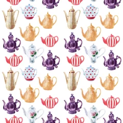 Wall murals Tea Watercolor seamless patterns with multicolored teapots