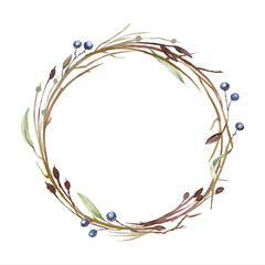 Hand-drawn watercolor wreath. A wreath composed of dry twigs, winter berries, leaves. For invitations, greeting cards, posters
