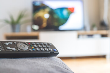 Remote control on the sofa, streaming on a smart TV.