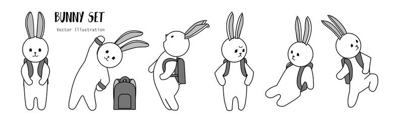 Set of vector bunnies. Hand drawn cartoon bunny with backpack in school. Cute scketch character design. Rabbit schoolboy in funny poses . Doodle funny icon. Simple line stickers	
