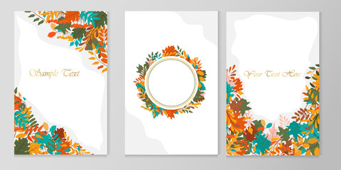 Set of vector greeting cards with autumn leaves on a gray background.