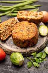 Fresh veggie burgers made from vegetables, beans and legumes, tasty vegan food