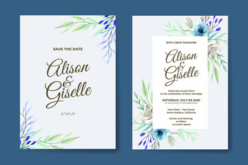 Wedding invitation template with blue rose flower set
