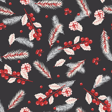 Christmas seamless pattern with fir branches background, Winter pattern with holly berries, wrapping paper, winter greetings, web page background, Christmas and New Year greeting cards