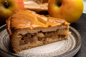 Fresh baked apple cake or pie, filled with sweet apples, raisins and cinnamon