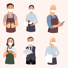 Set of young vector waiters and waitresses serving visitors. Restaurant staff characters design with face mask to protect against the virus. Hand drawn illustration.