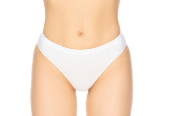 Belly. Close up beautiful female model on white background. Beauty, cosmetics, spa, depilation, diet and treatment, fitness concept. Fit and sportive, sensual body with well-kept skin in underwear.