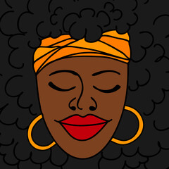 Black woman's face with closed eyes, black curly hair, red lips. Vector illustration in doodle style.
Black Lives Matter concept. Social issues of black persons.
