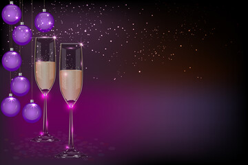 Merry Christmas and New Year holiday banner with two glasses of champagne and christmas balls on dark background. Sparkling wine glasses of fizzy drink on black backdrop. Stock vector illustration