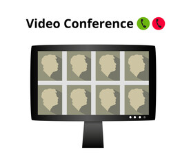 Online video call icon. Lcd monitor screen with video chat isolated on white background. Online conversation, distance education, conference, business remote chat. Pandemic time, home office.