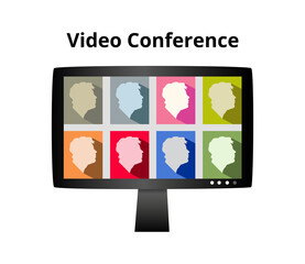Online video conference icon. Lcd monitor screen with video chat with 8 people isolated on white. Online conversation, distance education, conference, business remote chat. Pandemic time, home office.