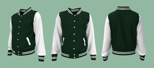 Varsity jacket design mockup,Sportswear. Track front, side and back views. 3d illustration, 3d rendering