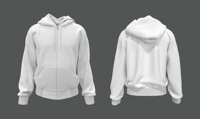 Blank hooded sweatshirt, men's hooded jacket with zipper for your design mockup for print, isolated on grey background, 3d rendering, 3d illustration