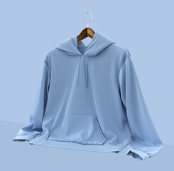 Blank baby blue hooded sweatshirt mockup for print, isolated on blue background, 3d rendering, 3d illustration