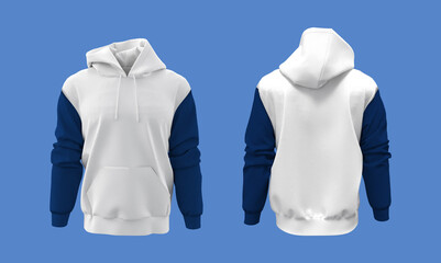 Blank white colorblock hooded sweatshirt, men's hooded jacket for your design mockup for print, isolated on blue background, 3d rendering, 3d illustration