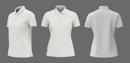 Blank white collared shirt mockup in front, side and back views, plain t-shirt mockup, tee design presentation for print, 3d rendering, 3d illustration
