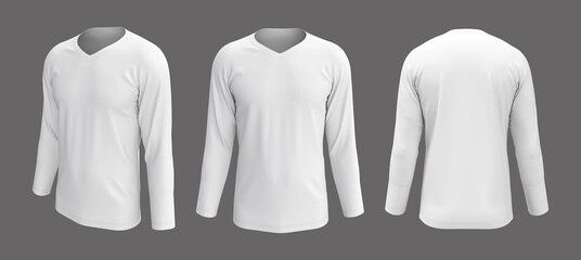 men's white longsleeve t-shirt mockup in front, side and back views, design presentation for print, 3d illustration, 3d rendering