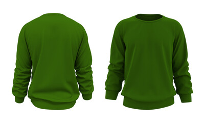 Blank green sweatshirt mock up in front, and back views, isolated on white, 3d rendering, 3d illustration