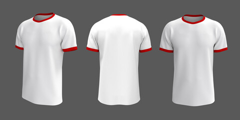 Blank ringer tee mockup in front, side, and back views isolated on grey background. 3d rendering, 3d illustration