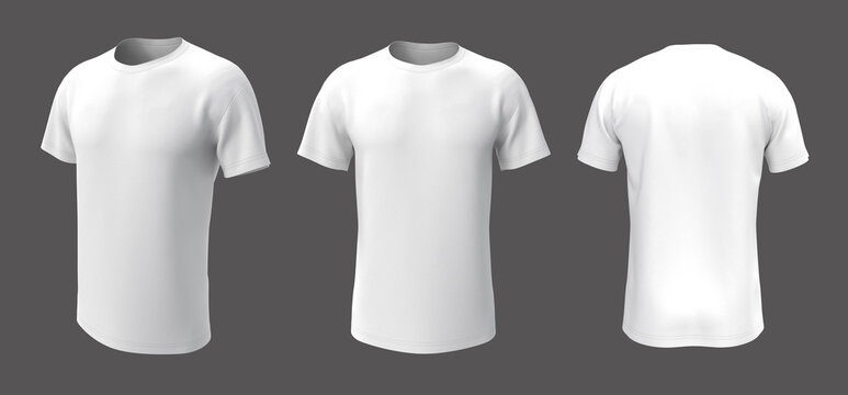 men's white short sleeve t-shirt mockup in front, side and back views, design presentation for print, 3d illustration, 3d rendering