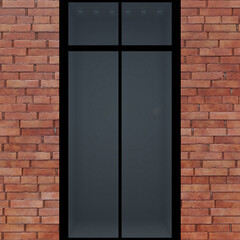 Modern brick facade. In the background is a red brick wall and a tall dark window in a black frame. Straight lines and right angles. 3D-rendering