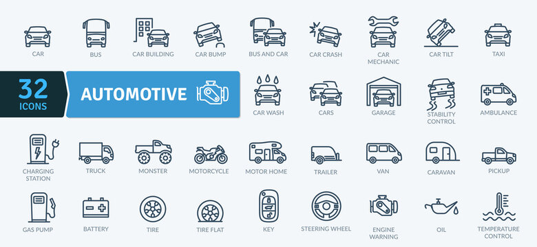 Automotive Icons Pack. Thin line icons set. Flat icon collection set. Simple vector icons