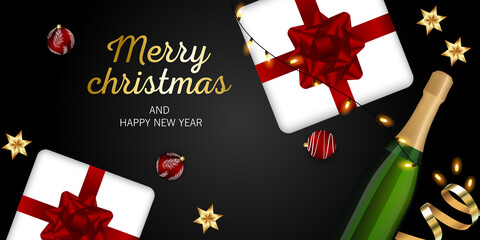 Merry Christmas and Happy New Year greeting with festive Christmas balls and gifts. holiday