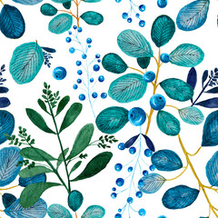 Blue leaves with blueberries seamless pattern background.
