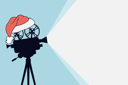 Silhouette of vintage cinema projector on a tripod with Santa Claus hat. Cinema background. Film camera projecting a beam of light with place for text. Movie festival template for banner, flyer,poster