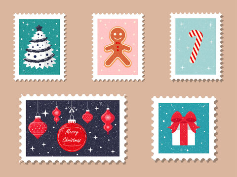 Vintage holiday postage stamps. Santa Claus Mail. A set of Christmas stamps for letters, envelopes, and postcards.