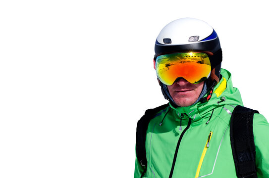 Confident man in ski suit and sunglasses on white background