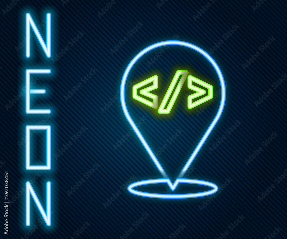 Wall mural glowing neon line web design and front end development icon isolated on black background. colorful o