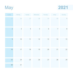 2021 May wall planner in blue color, week starts on Sunday.