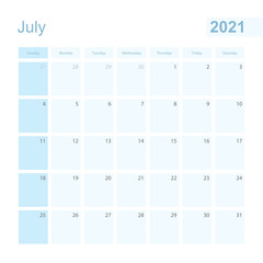 2021 July wall planner in blue color, week starts on Sunday.