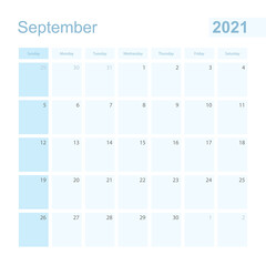 2021 September wall planner in blue color, week starts on Sunday.