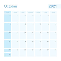 2021 October wall planner in blue color, week starts on Sunday.