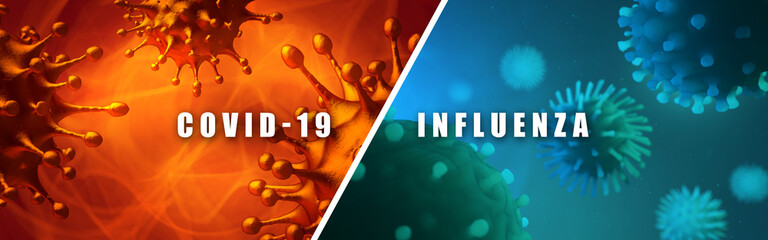 COVID-19 vs. Influenza  - The Differences. Microscopic view of infectious virus cells. 3D rendering