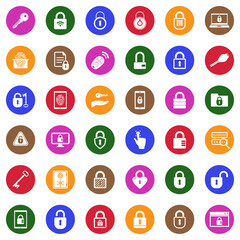 Keys And Locks Icons. White Flat Design In Circle. Vector Illustration.